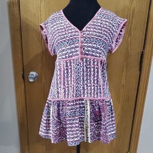 Maeve By Anthropologie Pink and White Silk Boho Flutter Sleeve Graphic Blouse